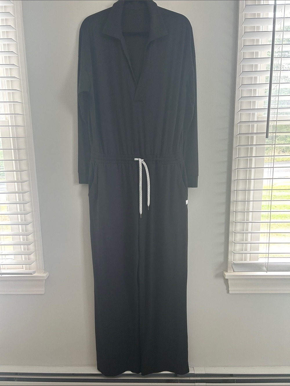 Vuori Black Long-Sleeve Drawstring Jumpsuit with White Cord